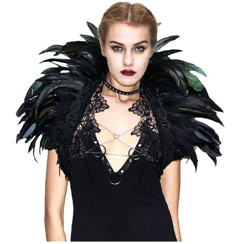 L'VOW Black Crow Feather Cape Shawl Stand Up Collar Halloween Devil Wings Witch Costume(Black) - Image 1